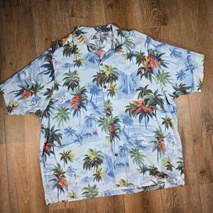 Vintage Hawaiian Shirt Mens 2XL Blue Floral AOP HWY 1 Cotton USA Made Beach